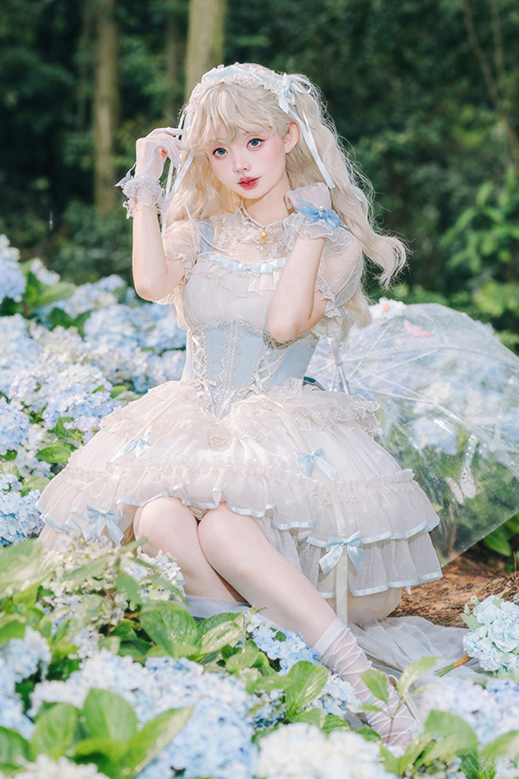 Light Blue/Ivory Dance of Time Triple-Layered Ballet Style Bowknot Lace-Up Sweet Lolita Jsk Dress - Product - 3