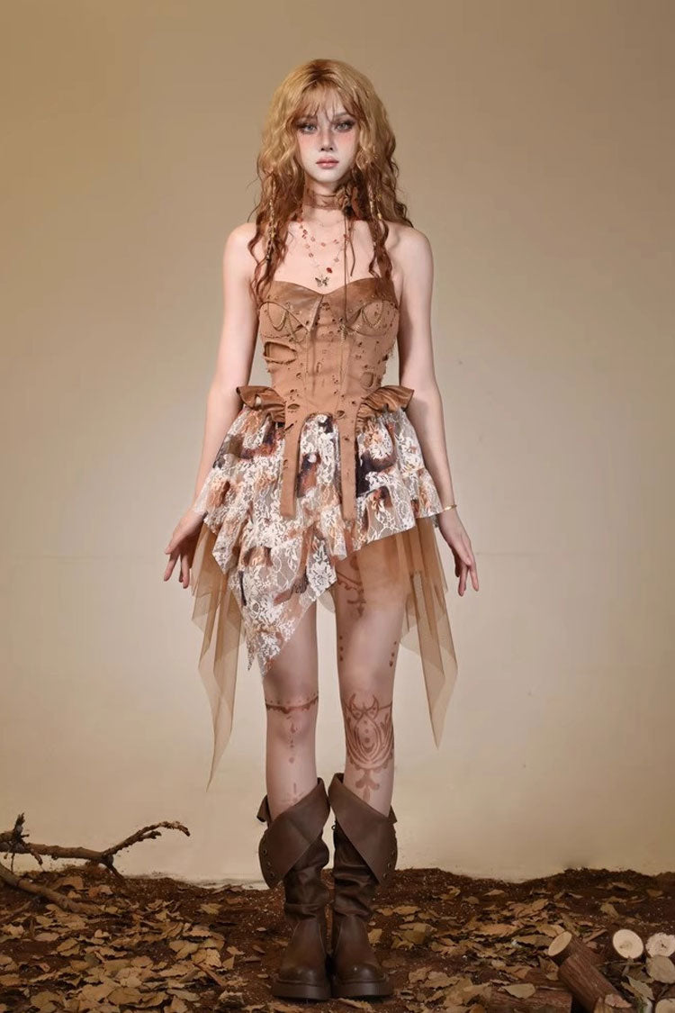 Brown Halterneck Sleeveless Lace Irregular Ripped Punk Vintage Jsk Dress - Product - 4