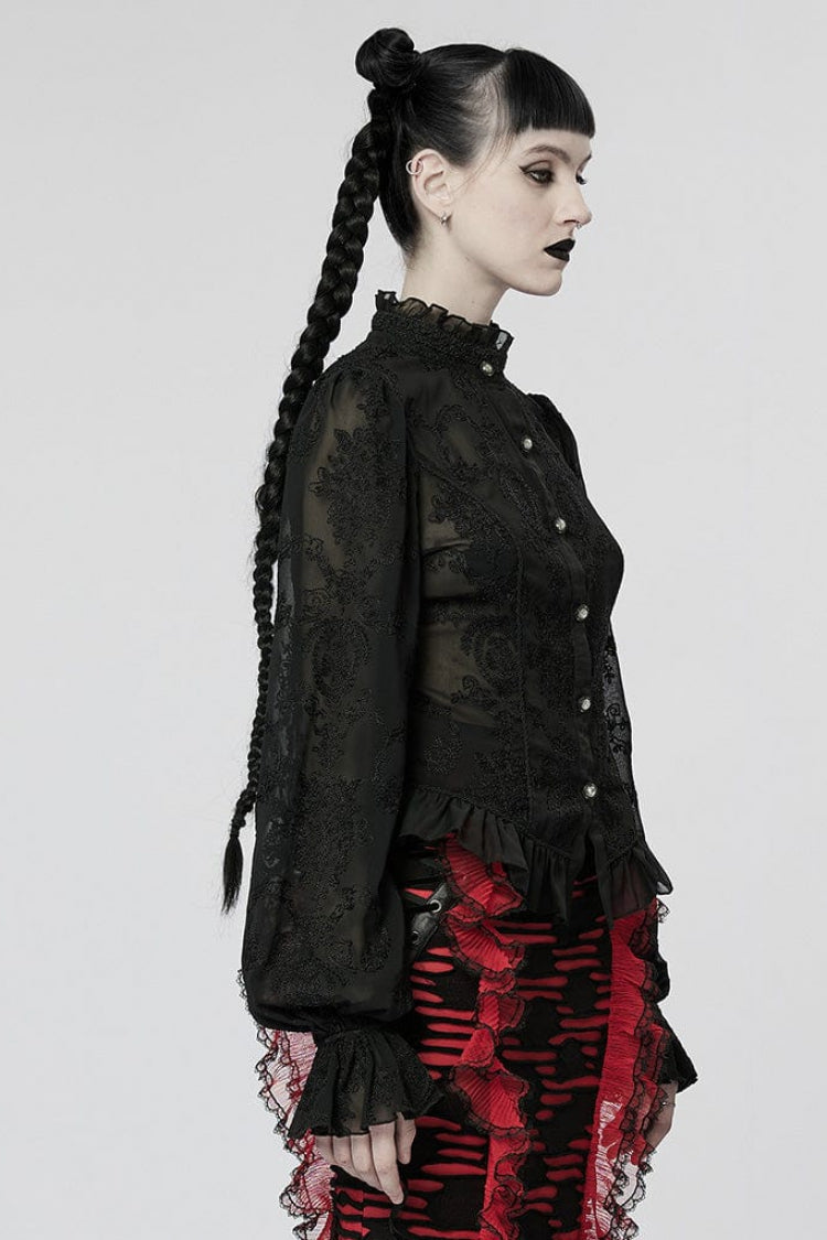 Stand Collar Long Puff Sleeves Embroidery Womens Gothic Blouse 2 Colors - Product - 3