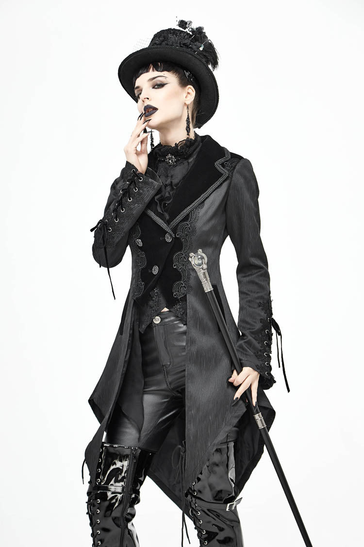 Black Front Decals Metal Button Lace-Up Cuff Dovetail Hem Striped Jacquard Women's Gothic Coat - Product - 3