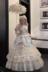 Apricot/Blue/Pink Multi-layer Ruffle Hanayome Bowknot Sweet Princess Gorgeous Long Lolita Jsk Dress - Product - 5