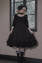 Black [Good Morning] Short Sleeves Ruffle Bowknot Lace-Up Gothic Lolita Dress - Black - 1