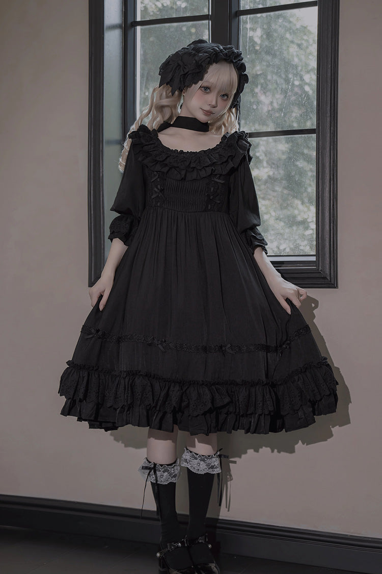 Black [Good Morning] Short Sleeves Ruffle Bowknot Lace-Up Gothic Lolita Dress - Black - 1