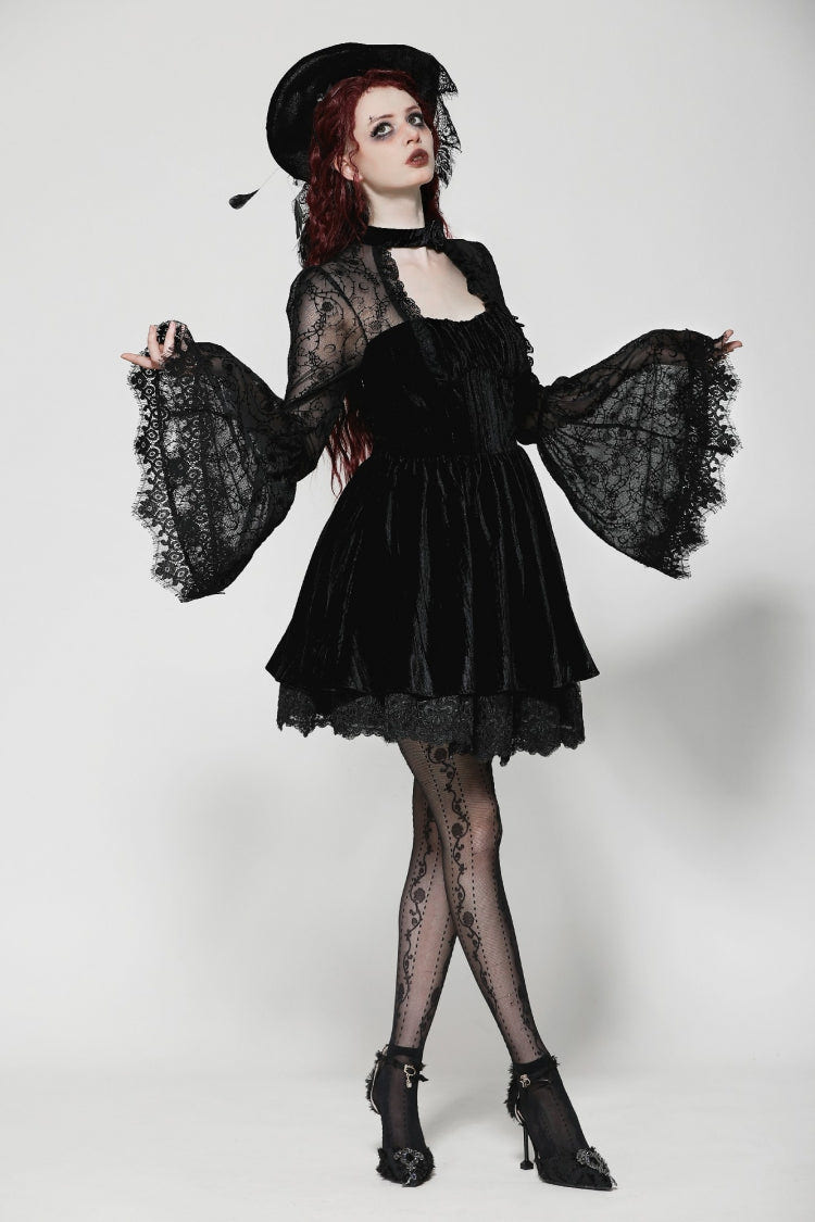 Black Lace Long Trumpet Puff Sleeves Floral Jacquard Cut-Out Lace-Up Women's Gothic Short Dress - Product - 9