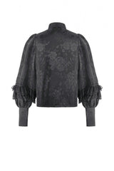 Black Point Collar Long Bishop Sleeves Rose Jacquard Irregular Hem Women's Gothic Blouse with Detachable Tie - Product - 17