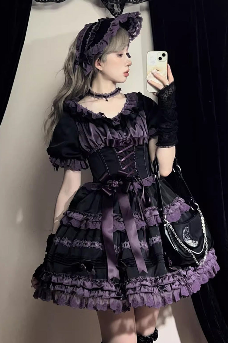 Black/Purple [Layered Blackcurrant] Short Sleeves Ruffle Bowknot Lace Sweet Lolita Dress - Black/Purple - 1