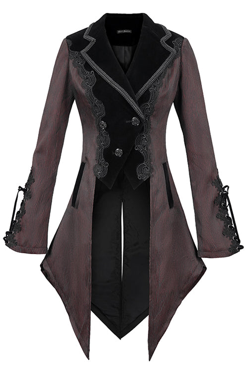 Red And Black Wavy Stripes Jacquard Long Fake Two Pieces Womens Gothic Coat - Product - 5