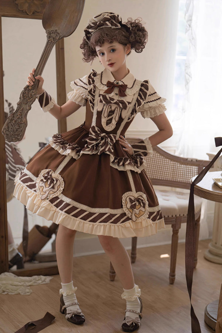 Brown Short Sleeves Print Ruffle Bowknot Sweet Princess Lolita Jsk Dress Set - Product - 3