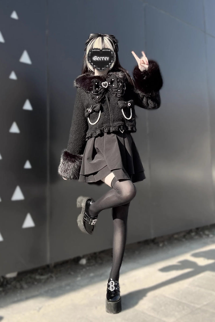 Black Long Sleeves Bow Sheep Wool Gothic Jirai Kei Japanese Short Coat - Product - 2
