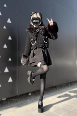 Black Long Sleeves Bow Sheep Wool Gothic Jirai Kei Japanese Short Coat - Product - 2
