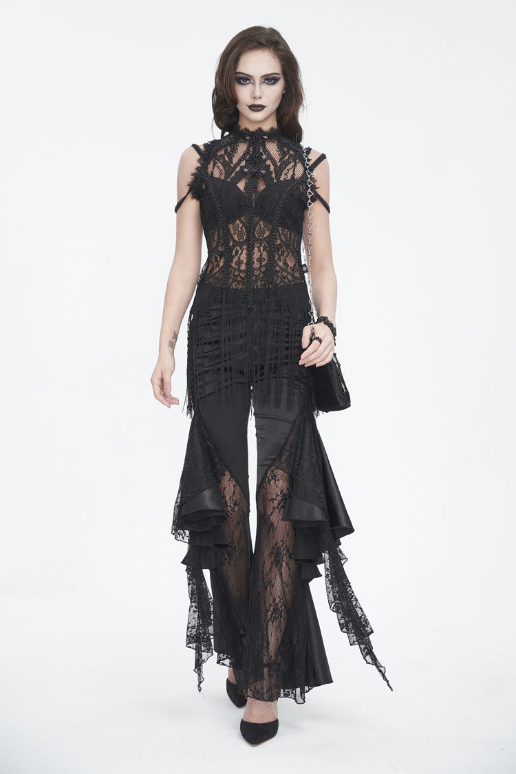 Black Round Collar Embroidery Lace Womens Gothic T-Shirt - Product - 4