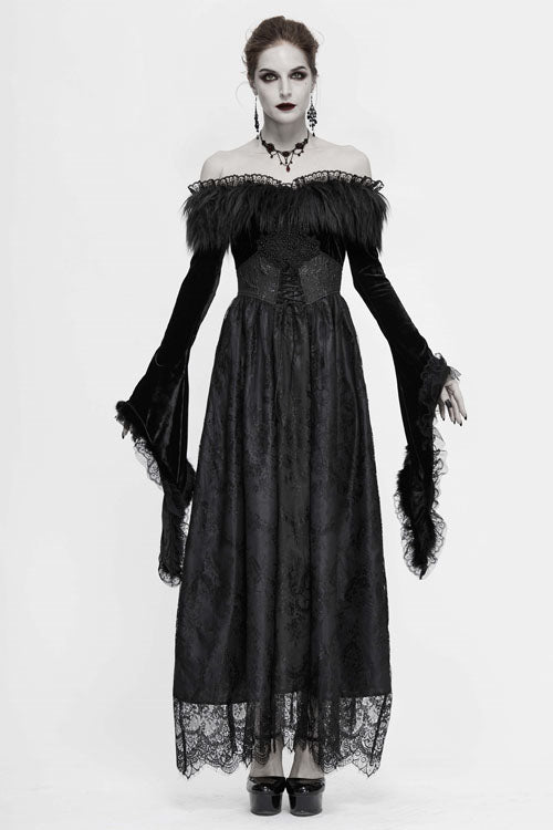 Black Sexy Off Shoulder Lace Pleated Womens Formal Gothic Long Dress With Fur Collar - Product - 2