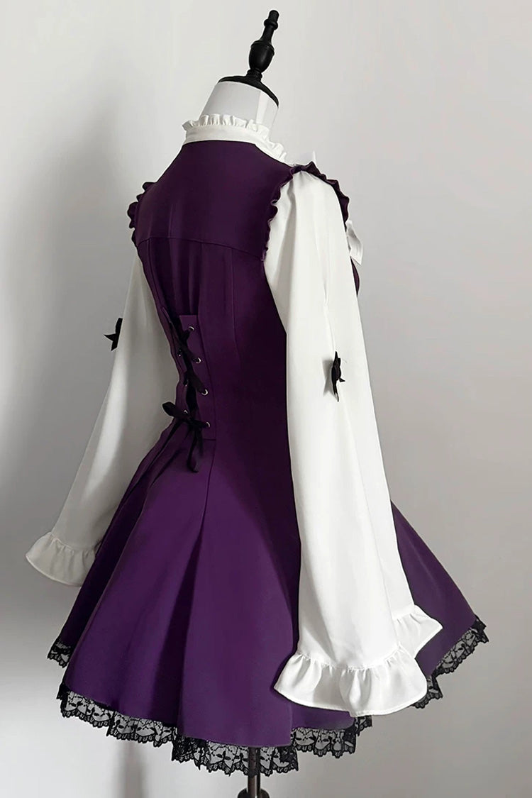 Jirai Kei Stand Collar Long Trumpet Sleeves Ruffled Bow Lace Japanese Dress 4 Colors - Product - 3