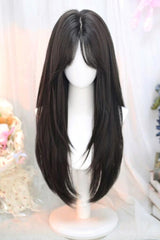 Eight Bangs Long Straight Sweet Daily Lolita Wigs 2 Colors - Black-Tea-Brown - 1
