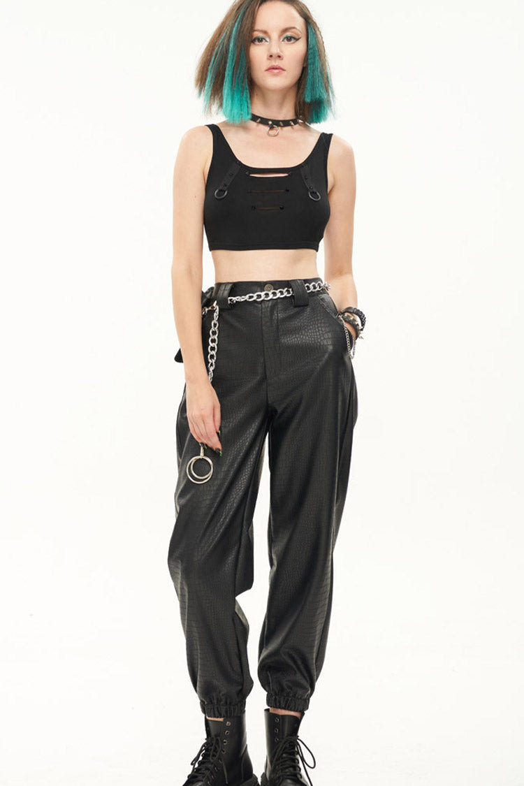 Black Gothic Crocodile Pattern Metal Chain Design Lantern Leather Women's Pants - Product - 5