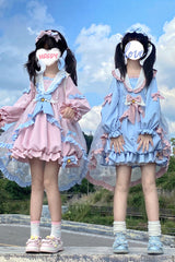 Pink Long Sleeves Music Notes Print Ruffle Bowknot Lace Sweet Lolita Dress - Product - 8