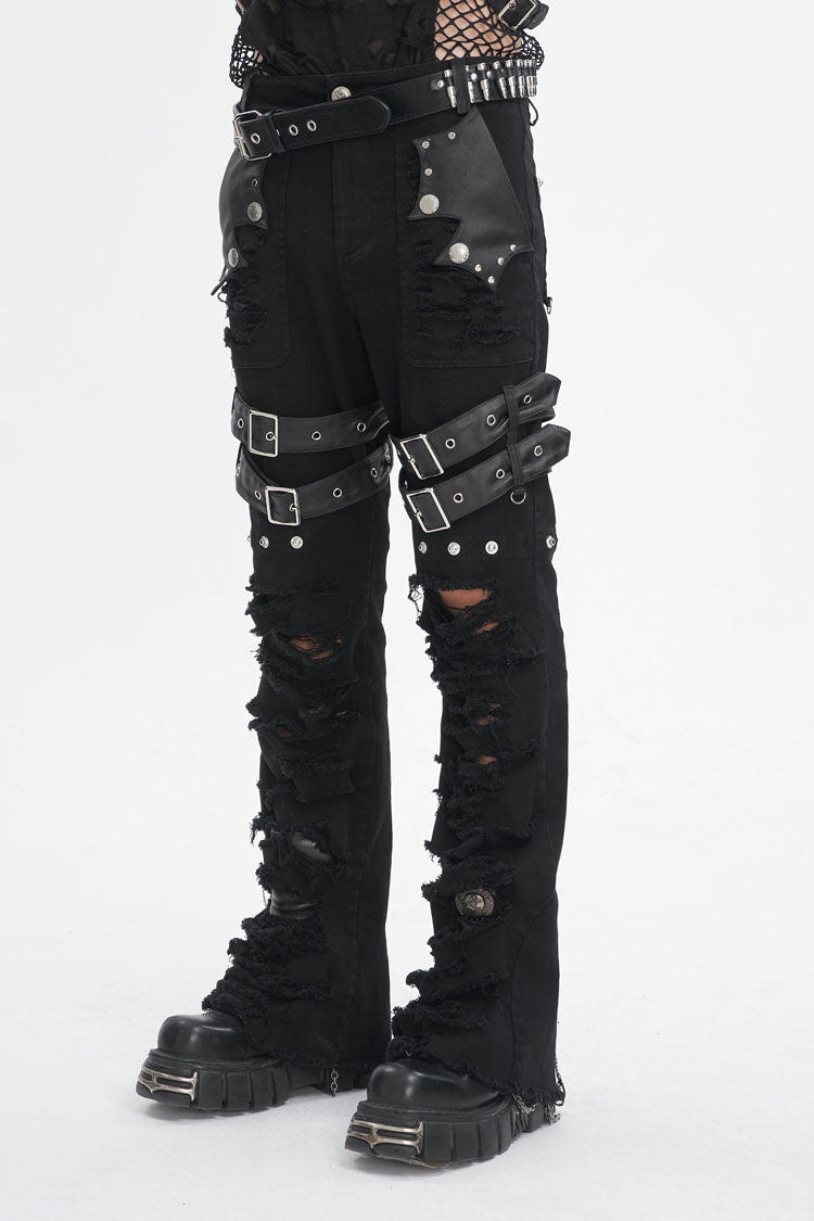 Black High Waisted Ripped Detachable Tassels  Men's Punk Pants - Product - 3