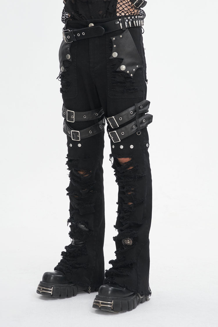 Black High Waisted Ripped Detachable Tassels  Men's Punk Pants - Product - 3
