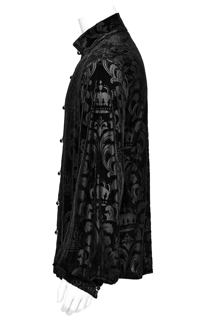 Black Stand Collar Puff Sleeves Jacquard Print Men's Gothic Blouse - Product - 6