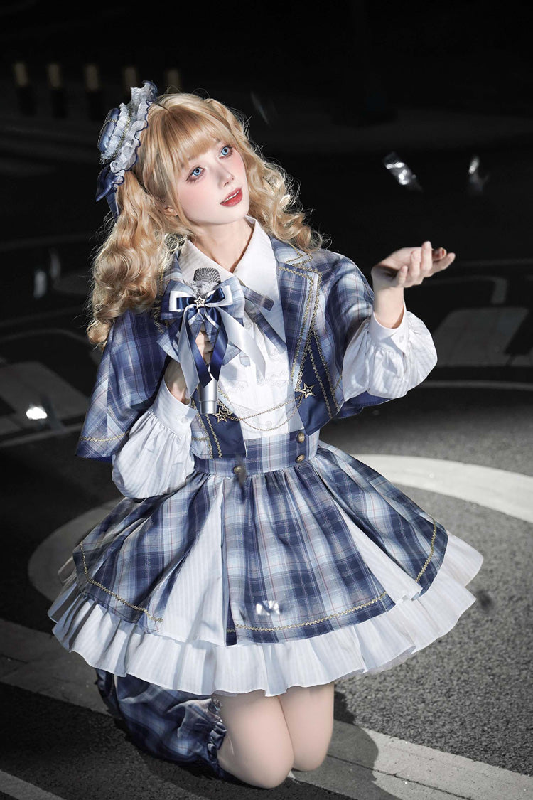 Blue [Little Starlight Idol] Lapel Collar Long Sleeves Double-Layered Printed Ruffled Bow Sweet Japanese Lolita Skirt Set - Product - 2
