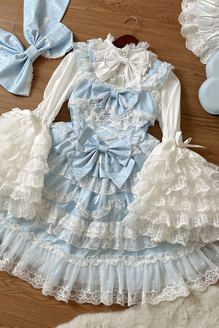 Blue [Love and Heart Flutter] Sleeveless Multi-Layered Ruffle Bowknot Lace Pearl Sweet Lolita Jsk Dress - Product - 5