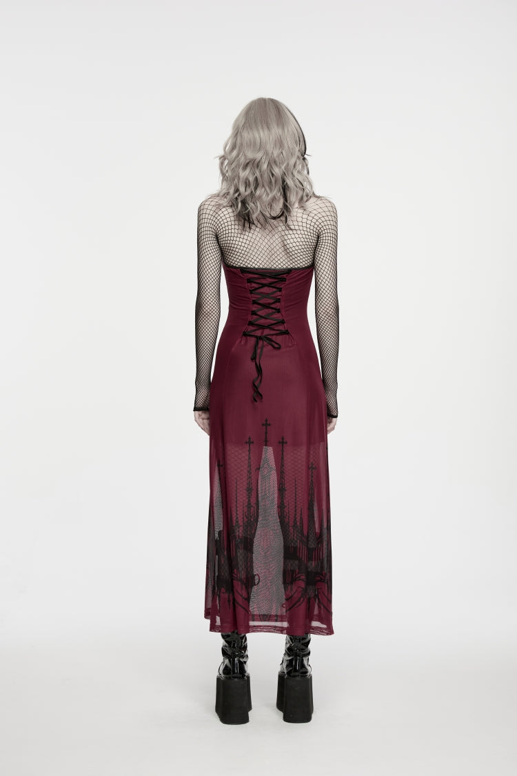 Red Halterneck Sleeveless Double-Layered Church Skull Printed  Printed Lace-Up Slim Women's Gothic Dress Graduation Dress - Product - 4