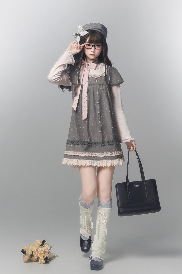 グレー [Polka Dot Bouclé] ラウンドカラー 長袖 プリント フリル 重ね着風 スウィート 和風 ロリータワンピース 商品画像