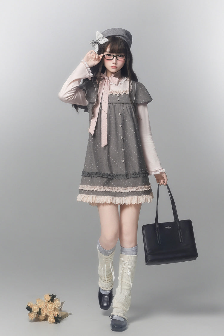 Grey [Polka Dot Bouclé] Round Collar Long Sleeves Printed Ruffled Faux Two-Piece Sweet Japanese Lolita Dress - Product - 6