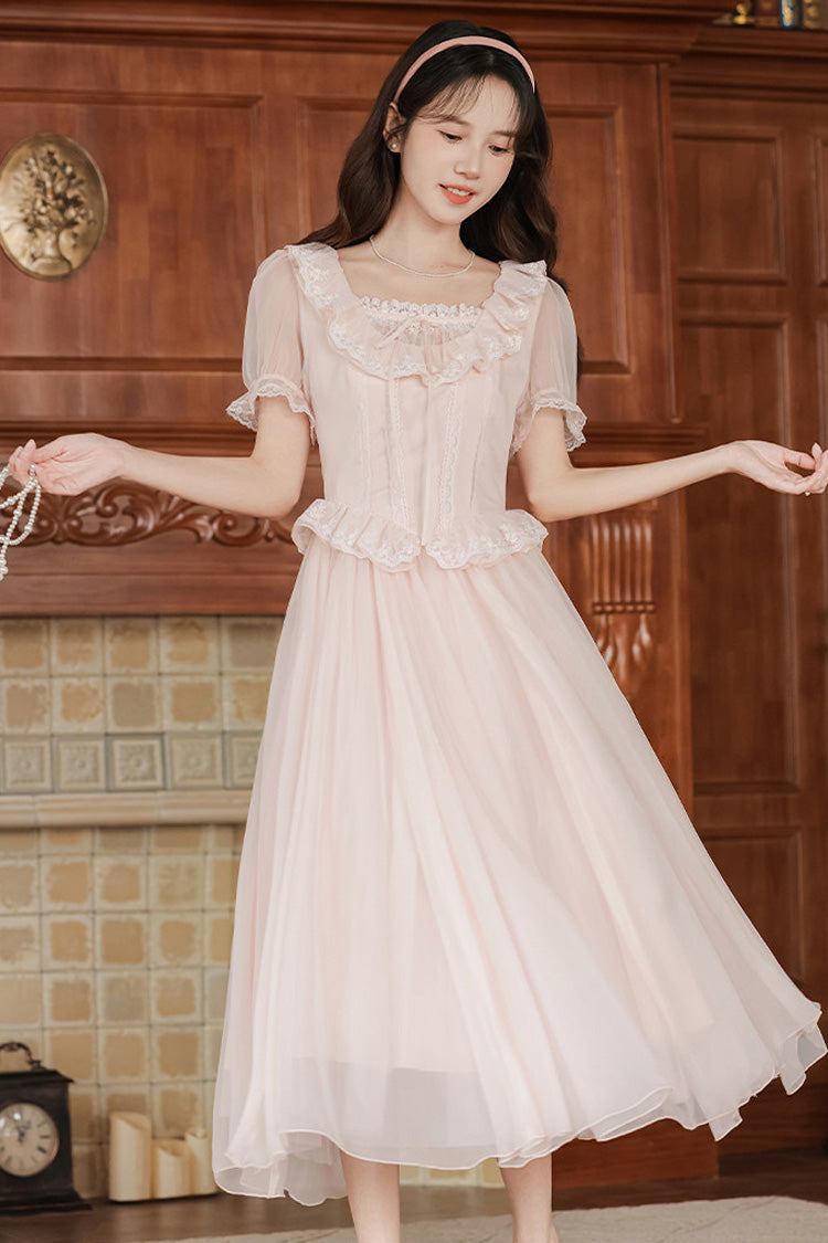Pink Square Collar Short Puff Sleeves Ruffled Embroidered Lace French Style Sweet Lolita Dress - Product - 4