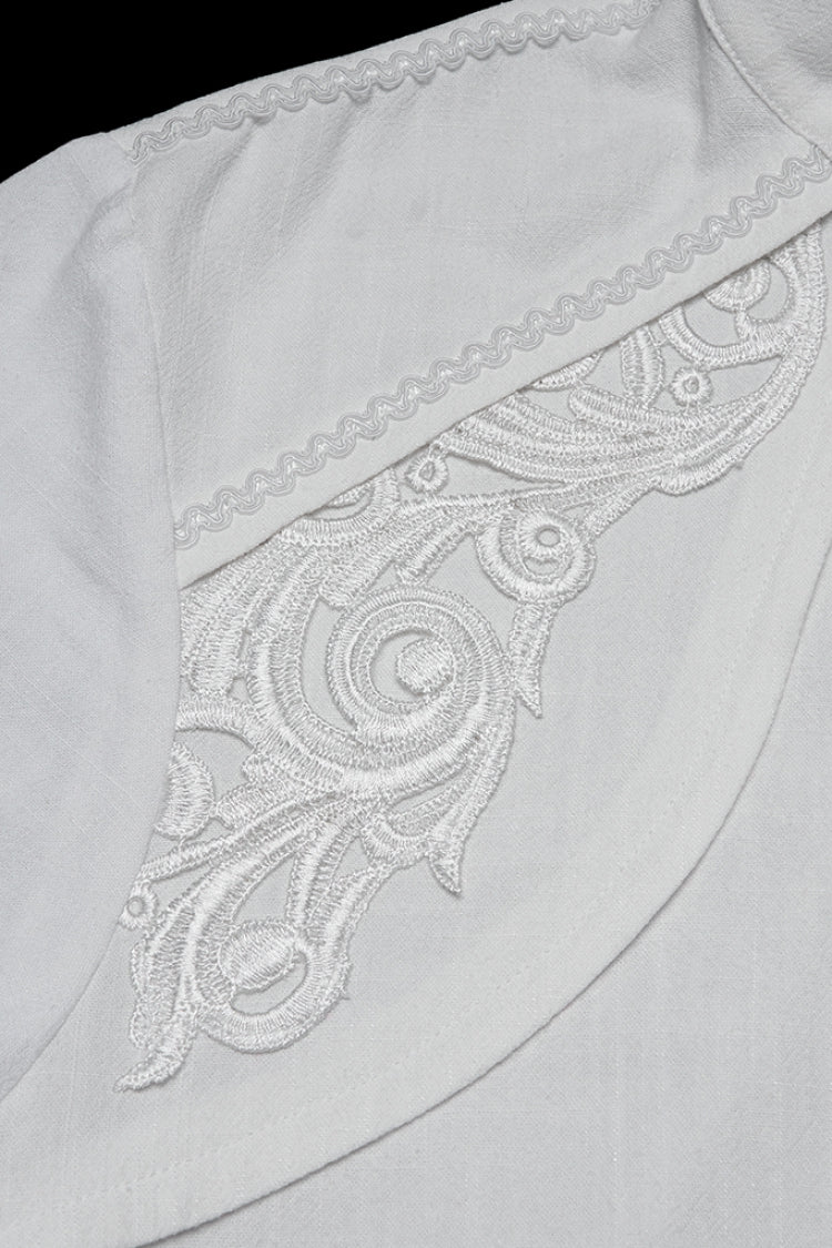 White Stand Collar Long Lantern Sleeves Floral Jacquard Men's Gothic Blouse - Product - 5