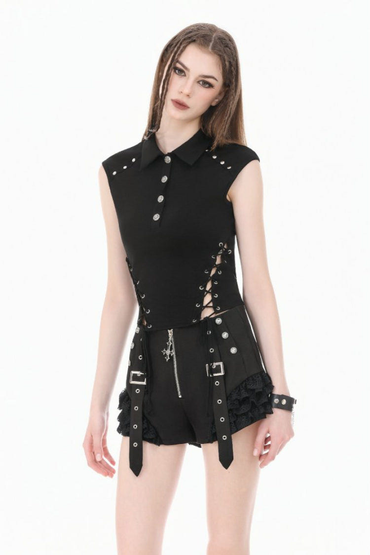 Black Women's Punk Turn-down Collar Lace-Up Studded Sleeveless Polo Top - Product - 6