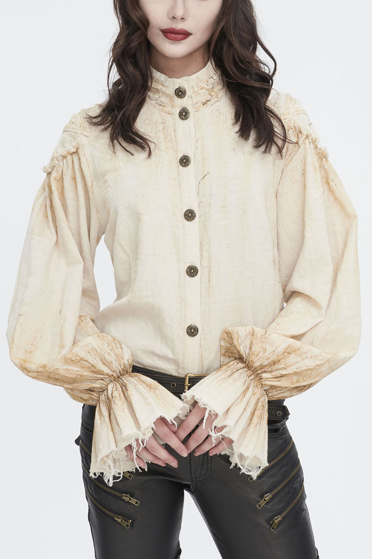 Beige Stand Collar Lantern Sleeves Print Lace Women's Punk Blouse - Beige - 1
