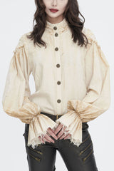 Beige Stand Collar Lantern Sleeves Print Lace Women's Punk Blouse - Beige - 1