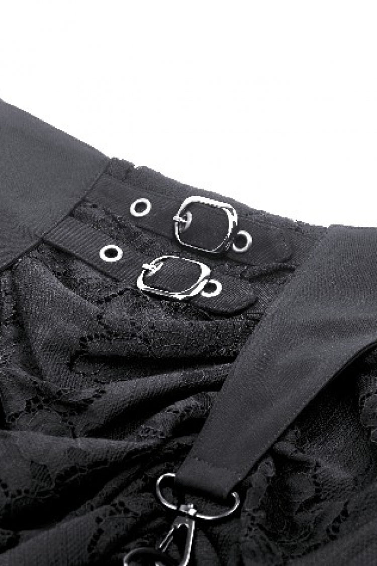 Black Women's Gothic Princess High Waisted Lace Lace-Up Buckled High/Low Tail Hem Maxi Skirt - Product - 12
