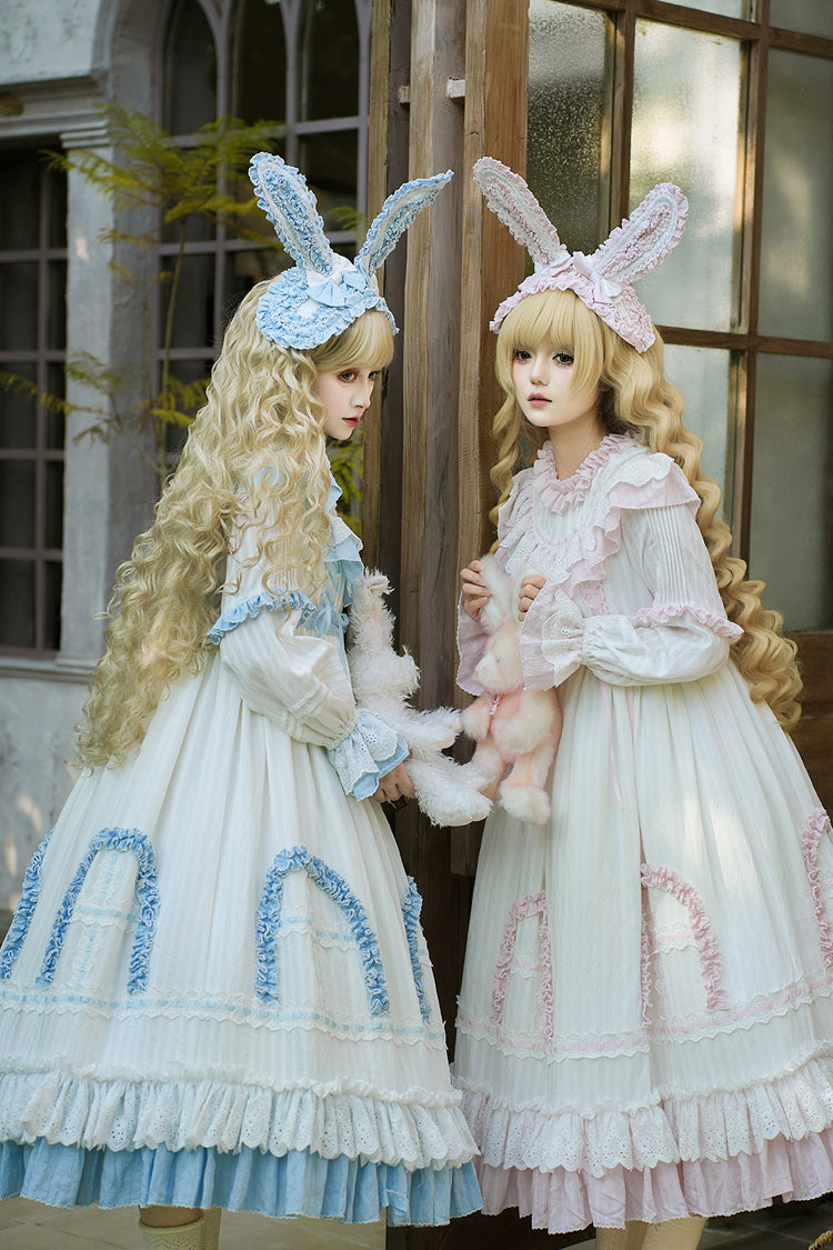 Pink [Twin Lilian] Round Collar Long Sleeves Double-Layered Ruffled Bow Lace-Up Sweet Lolita Dress - Product - 7