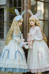 Blue [Twin Lilian] Round Collar Long Sleeves Double-Layered Ruffled Bow Lace-Up Sweet Lolita Dress - Product - 8