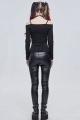 Black Punk Devil Sheep Head Printed Long Sleeves Off The Shoulder Women's Shirt - Product - 9