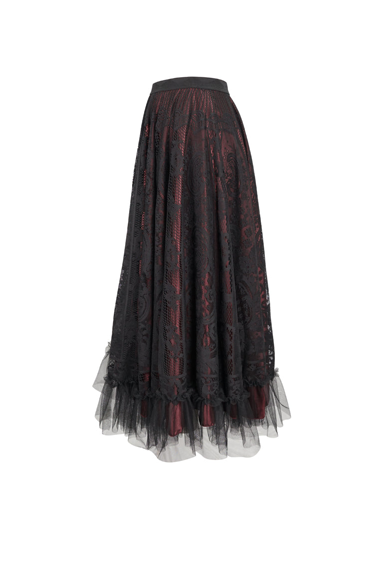 Black/Red Lace Flower Mesh Hem Paneled Ruffles Lace Big Swing Women's Gothic Skirt - Product - 6