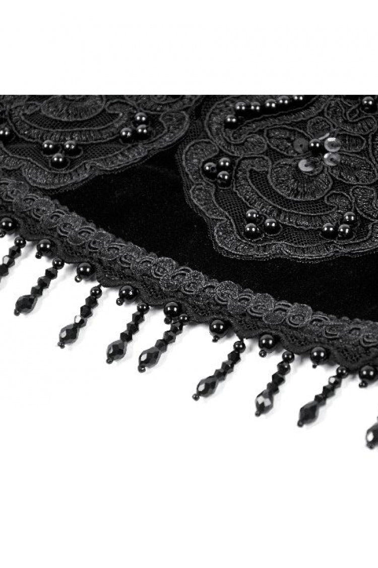 Black Embroidered Women's Gothic Royal Velvet Waist Cincher with Double Beaded Tassels - Product - 13
