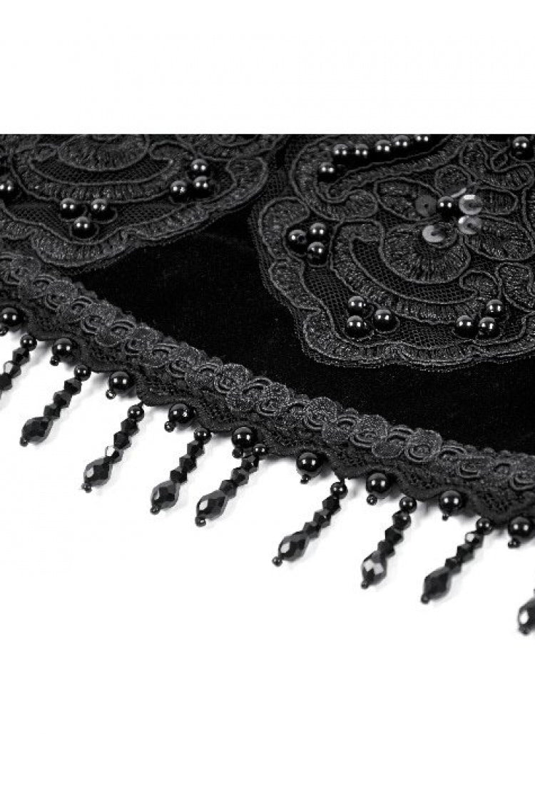 Black Embroidered Women's Gothic Royal Velvet Waist Cincher with Double Beaded Tassels - Product - 13