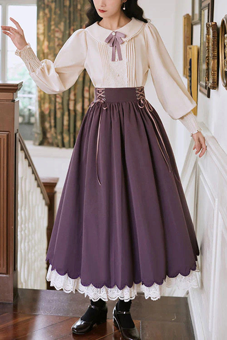 Solid Color High Waisted Lace Wave Hem Two Pieces Classic Lolita Dress - Purple - 1