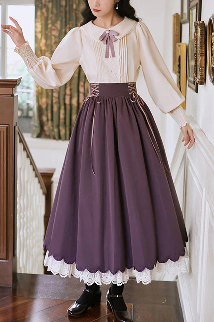 Solid Color High Waisted Lace Wave Hem Two Pieces Classic Lolita Dress - Purple - 1