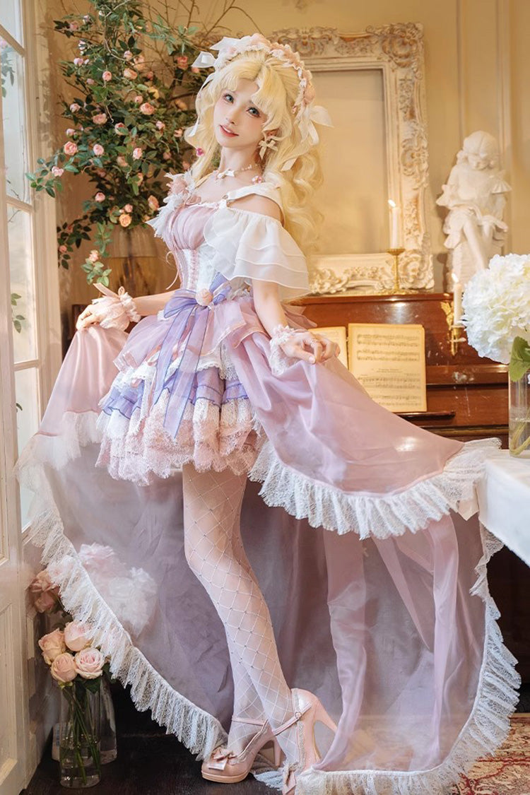 Pink/Purple [Rose Memoirs] Sleeveless Multi-Layered Bowknot Lace Sweet Lolita Skirt Set - Product - 13