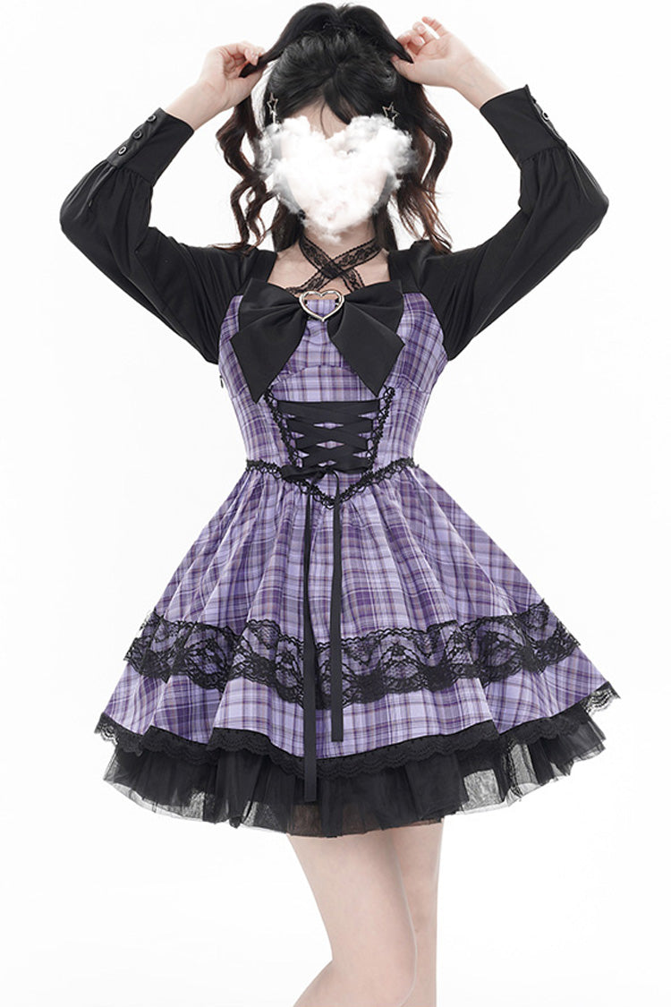 Purple [Witch Time] Long Sleeves Plaid Print Bowknot Lace Sweet Lolita Dress - Purple - 1