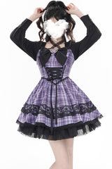 Purple [Witch Time] Long Sleeves Plaid Print Bowknot Lace Sweet Lolita Dress - Purple - 1