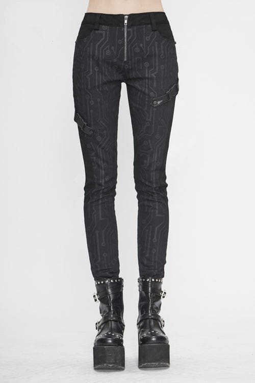 Black Punk Circuit Printed Leather Loops Womens Pants - Black - 1