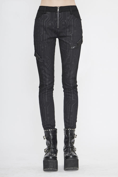 Black Punk Circuit Printed Leather Loops Womens Pants - Black - 1