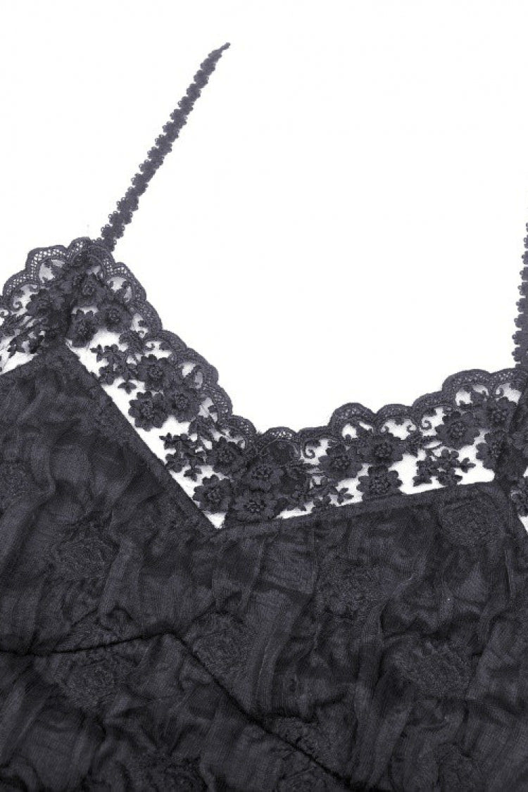 Black Off Shoulder Halterneck Lace Crinkle Women's Gothic Tank Top - Product - 11