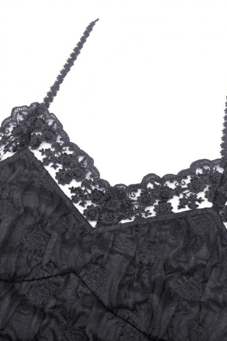Black Off Shoulder Halterneck Lace Crinkle Women's Gothic Tank Top - Product - 11