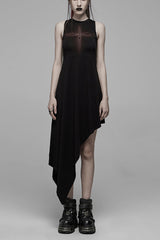 Black Hollowed Out Cross Spray-Painted Asymmetric Hem Sleeveless Women's Gothic Dress - Black - 1